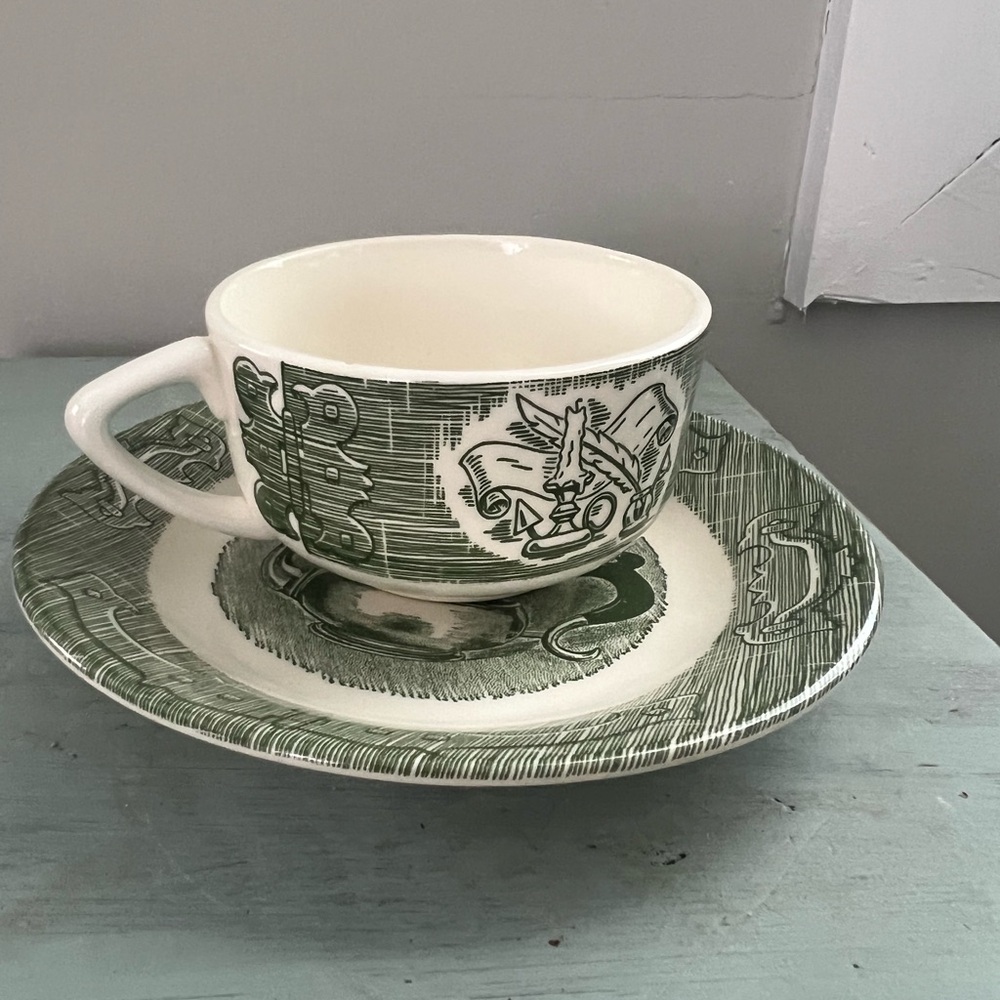 Royal China "The Old Curiosity Shop" green transferware teacup and saucer set